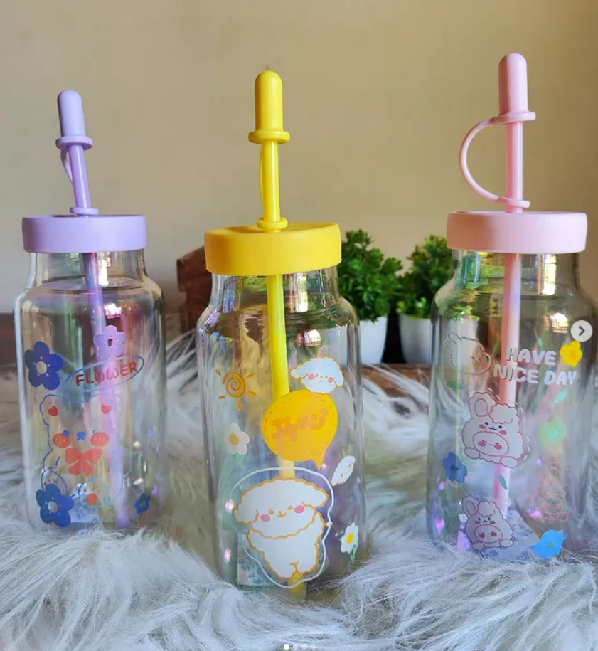 Cute Premium Glass Holographic Sipper Bottle